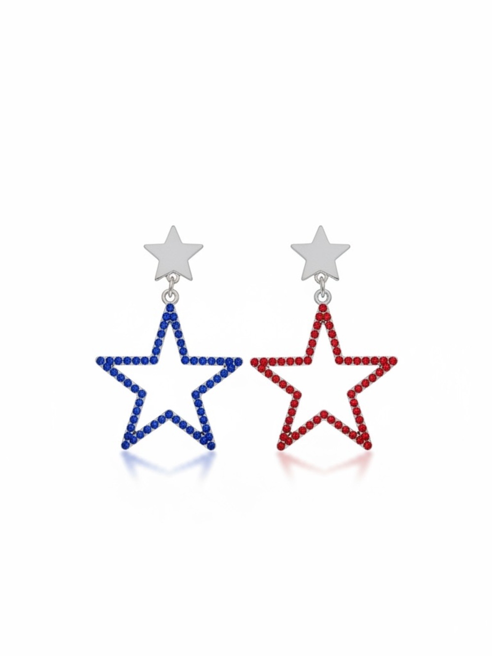 Star Red & Blue Allover Rhinestone Mismatched Silver Post 2.25“ Earrings USA
